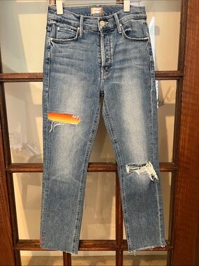 MOTHER Slim Straight Jeans with Rainbow Patch